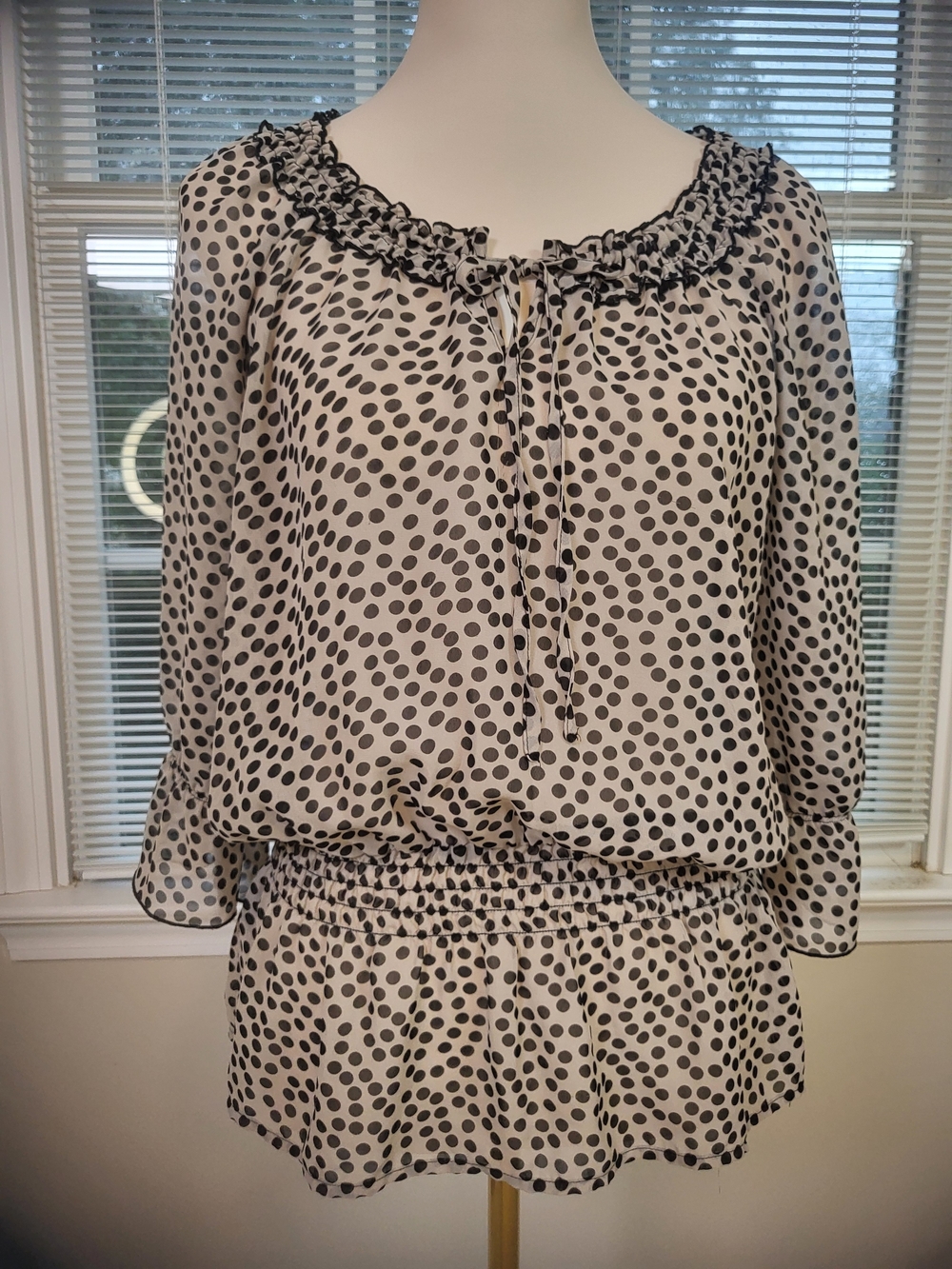 Apostrophe Black and Taupe Polka Dot Peasant Blouse